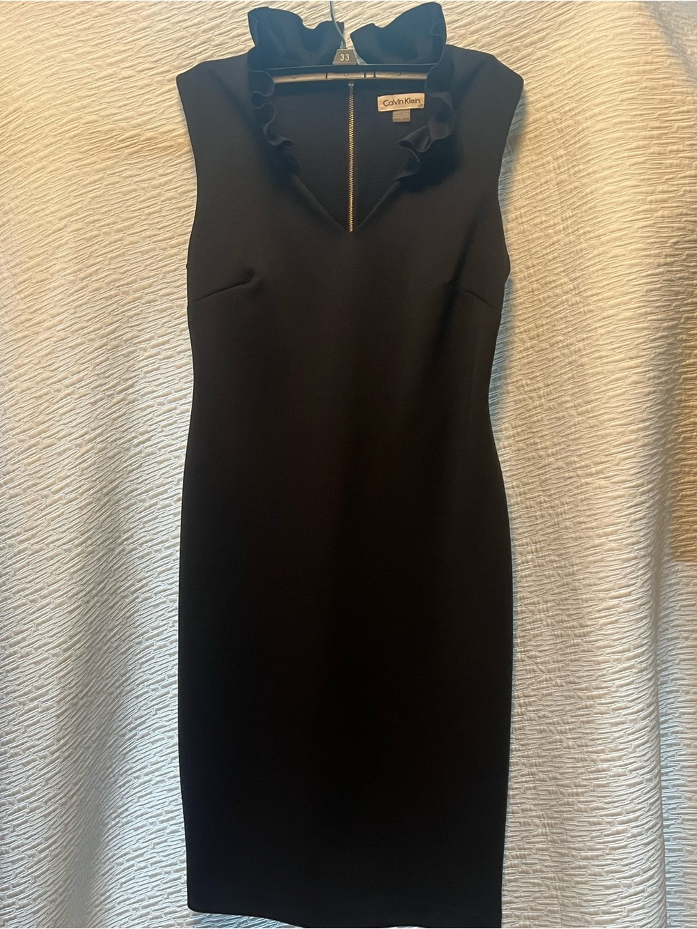 Calvin Klein Black Sheath Dress Ruffle Neck Work Office Cocktail Size 4